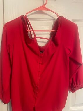 Express Red Covered-Button Blouse with Strappy Back